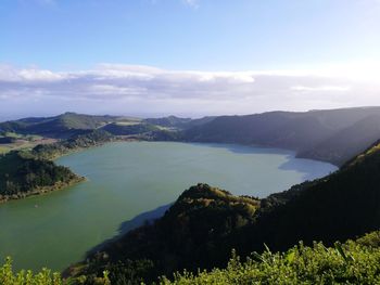 Scenic view of lake and mountains against sky