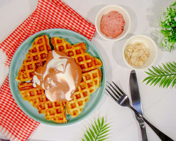 High angle view of food in plate on table