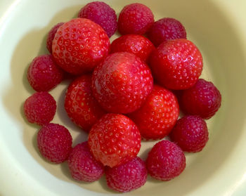 High angle view of strawberries in bowl