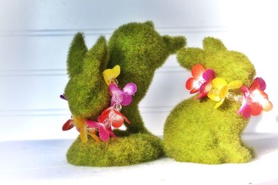 Close-up of bunny shaped topiary against white wall