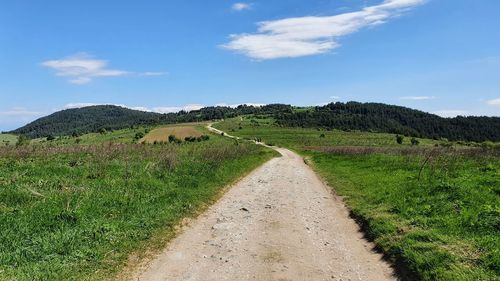 Scenic view of road amidst field against sky