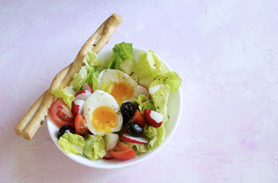 High angle view of breakfast served on table