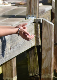 Midsection of woman holding umbrella on wood