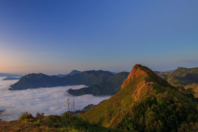 Scenic view of mountains against clear sky during sunset