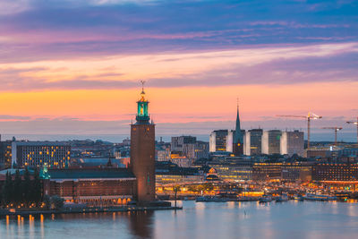 Buildings by river against sky during sunset