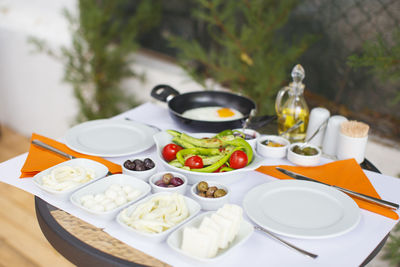 High angle view of breakfast served on table