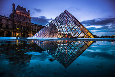 Reflection of building in lake at sunset