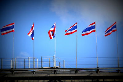 Low angle view of flags against sky