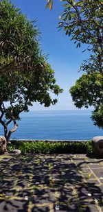 Scenic view of sea against clear blue sky