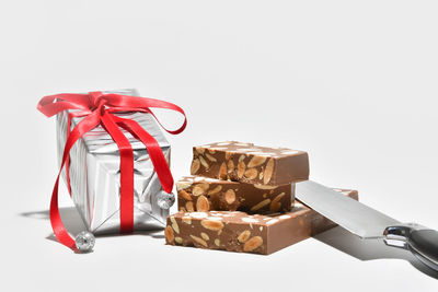Close-up of chocolate cake against white background