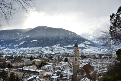 High angle view of townscape against sky during winter