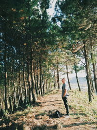 Side view of man standing by trees in forest