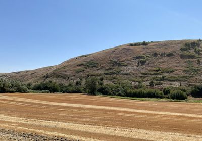 Scenic view of landscape against clear blue sky
