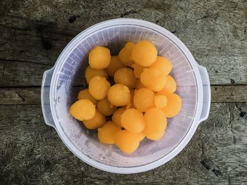 High angle view of fruits in plate on table