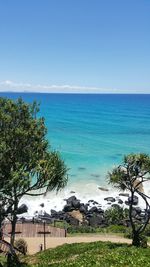 Scenic view of sea against clear blue sky