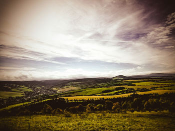 Scenic view of agricultural field against sky