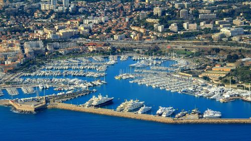 High angle view of city at waterfront