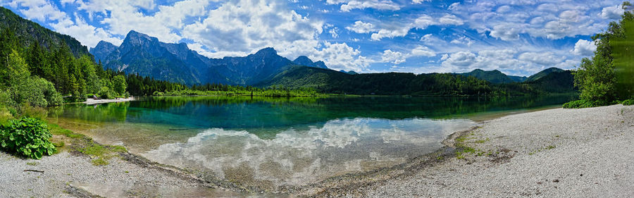 Panoramic view of lake and mountains against sky