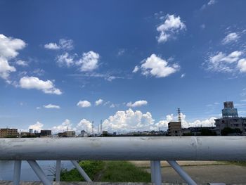 Buildings in city against blue sky