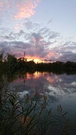 Scenic view of lake against sky at sunset