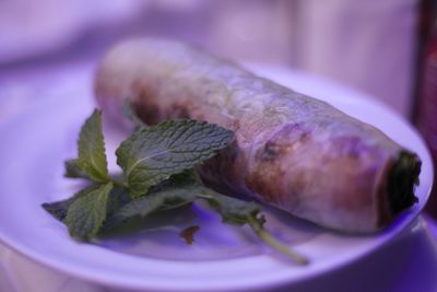 Yummy eggroll laid on a plate next to mint leaves 