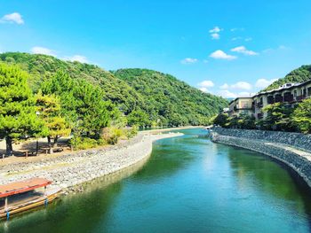 Scenic view of river amidst trees against blue sky