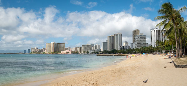 Sandy beach with hotels and resorts, shot on waikiki beach, honolulu, hawaii, usa