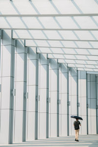 Rear view of man holding umbrella while walking on walkway