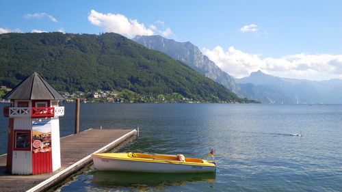 Calm lake with mountains in background