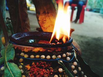 Close-up of lit diya