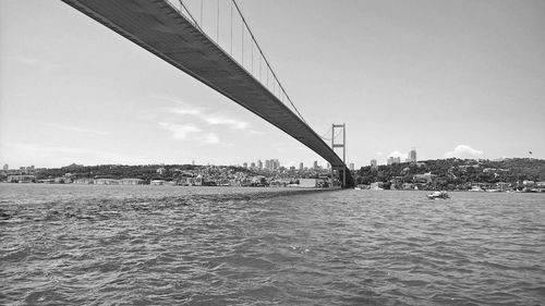 View of bridge from below against cloudy sky