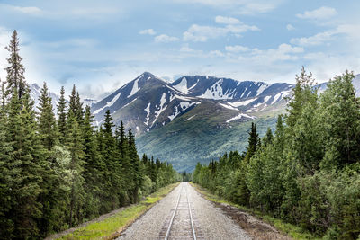 Railroad track leading towards snowcapped mountains