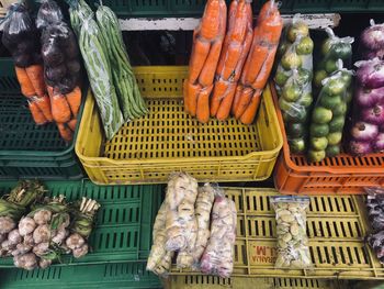 High angle view of vegetables for sale at market stall