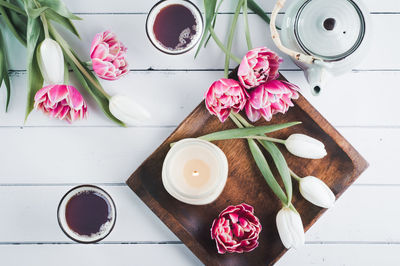 High angle view of coffee on table
