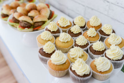 High angle view of cupcakes on table