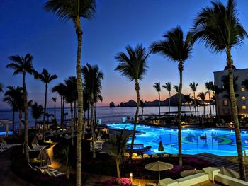 Palm trees by swimming pool against sky at sunset