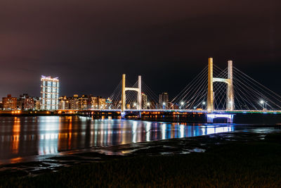 Illuminated bridge over river at night