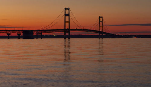 View of suspension bridge over river at sunset