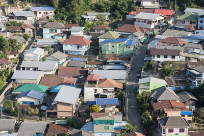 High angle view of houses in town