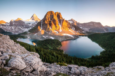 Scenic view of lake by mountains against sky