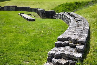 High angle view of old ruin on field