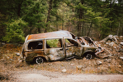 Abandoned burnt car in forest