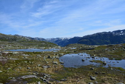 Scenic view of lake and mountains against sky