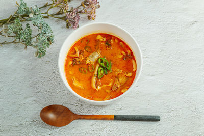 Directly above shot of soup in bowl on table