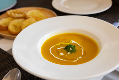 High angle view of soup in bowl on table