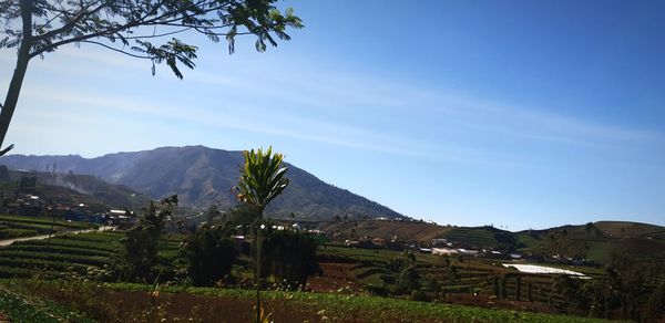 Scenic view of village and mountains against sky