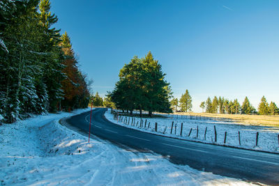 Road by trees against clear blue sky during winter