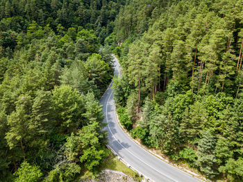 Winding road from high mountain pass, in summer time. aerial view by drone . romania