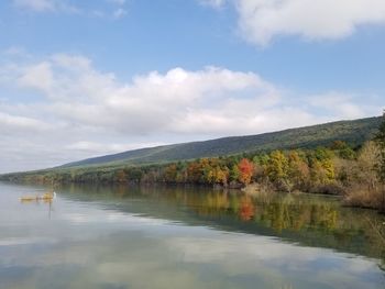 Scenic view of lake by trees against sky