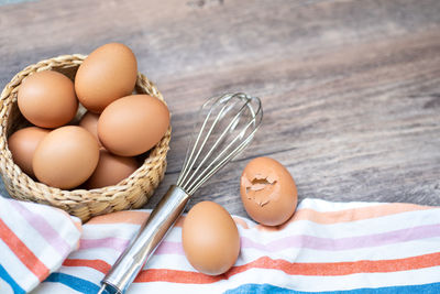 High angle view of eggs in basket on table